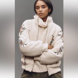 Anthropologie Embroidered Bomber Cardigan Sweater Floral Needlpoint Zip Nude